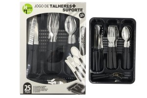 HM363 CONJ TALHERES 24 PCS CABO PLAST PRETO + 1 SUPORTE